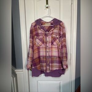 We‎ The Free Womens Pink And Purple Plaid Button Down Oversized XS
